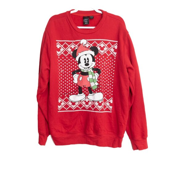 Disney Size XL Mickey Mouse Christmas Graphic Sweatshirt Red Long Sleeve Crewnec - Picture 1 of 8